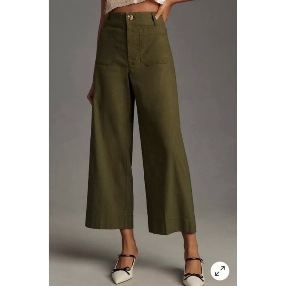 Maeve Anthropologie The Colette Wide Leg Cropped Pants Olive Green 31